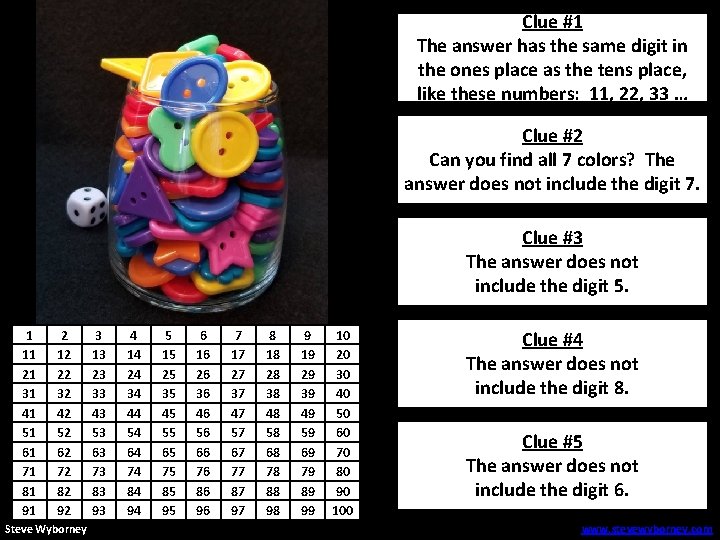 Clue #1 The answer has the same digit in Clue #1 the ones place