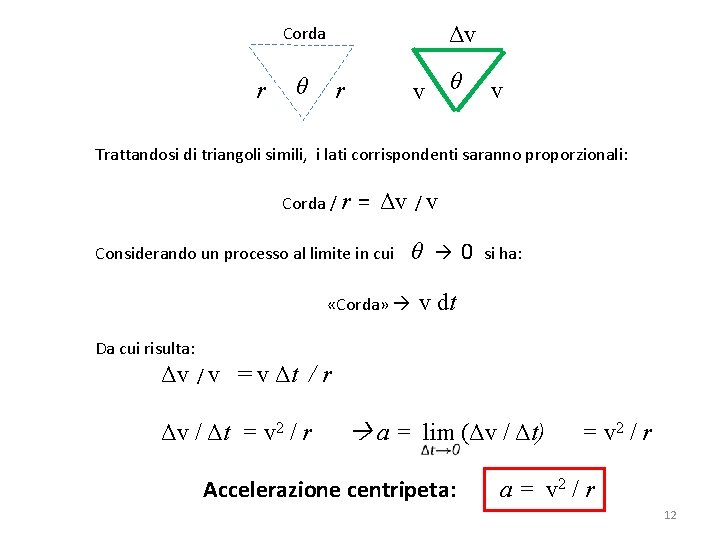 Δv Corda r θ v v Trattandosi di triangoli simili, i lati corrispondenti saranno