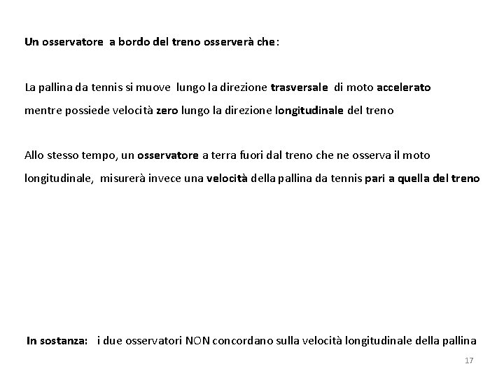 Un osservatore a bordo del treno osserverà che: La pallina da tennis si muove