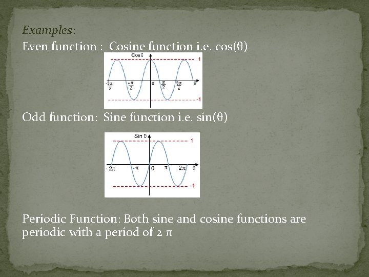 Examples: Even function : Cosine function i. e. cos(θ) Odd function: Sine function i.