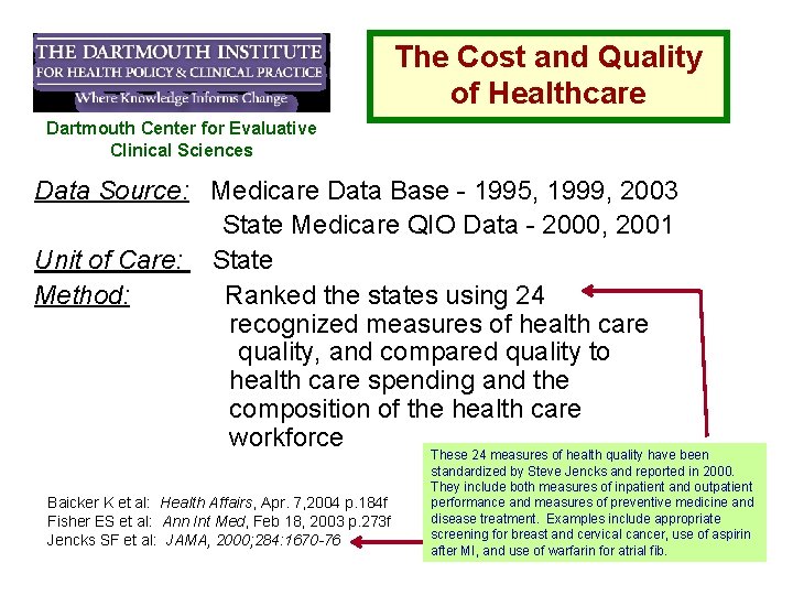 The Cost and Quality of Healthcare Dartmouth Center for Evaluative Clinical Sciences Data Source: