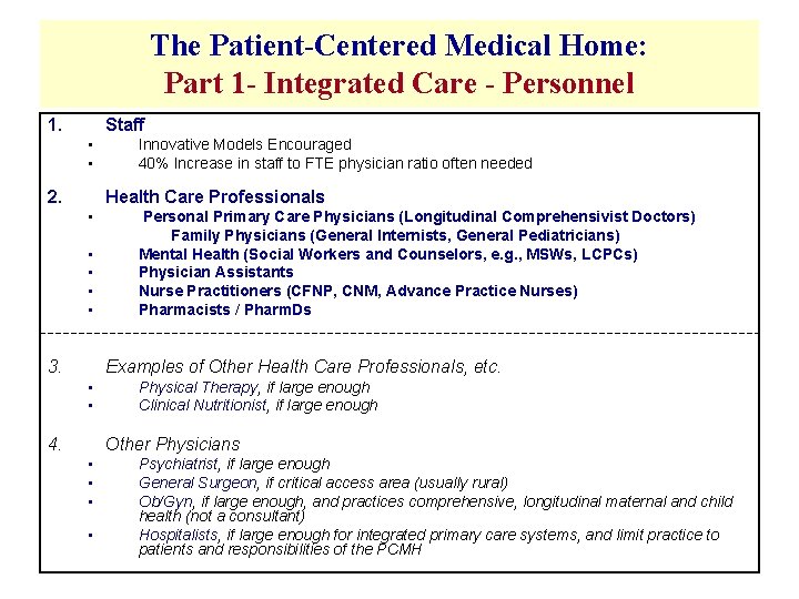 The Patient-Centered Medical Home: Part 1 - Integrated Care - Personnel 1. Staff •