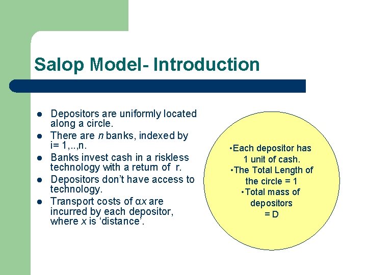 Salop Model- Introduction l l l Depositors are uniformly located along a circle. There