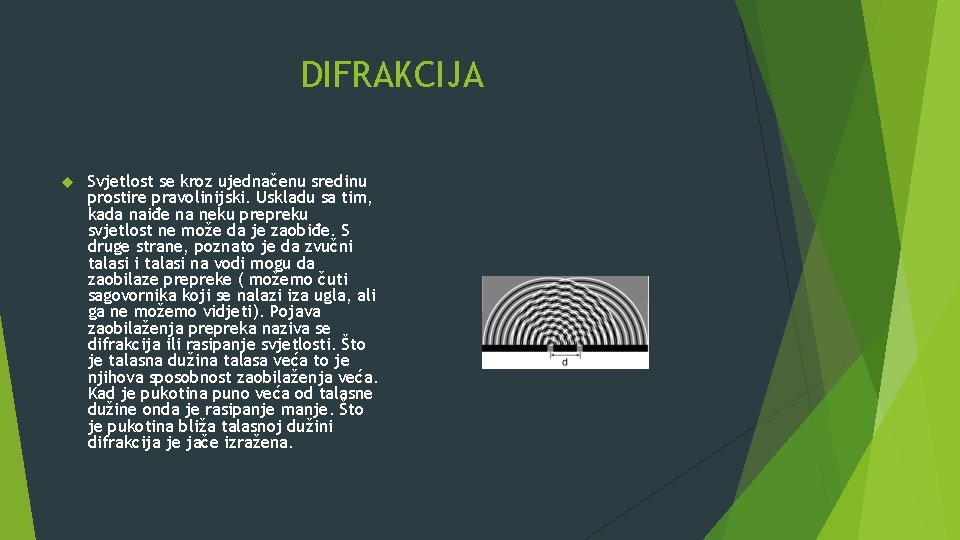 DIFRAKCIJA Svjetlost se kroz ujednačenu sredinu prostire pravolinijski. Uskladu sa tim, kada naiđe na