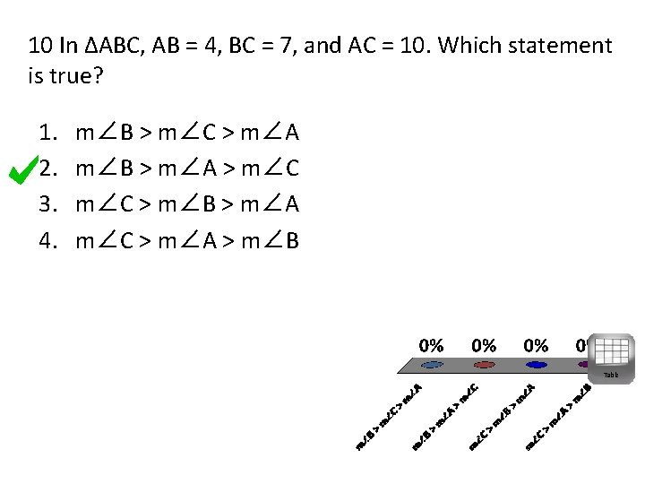10 In ∆ABC, AB = 4, BC = 7, and AC = 10. Which