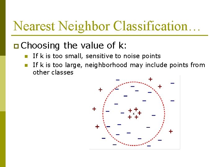 Nearest Neighbor Classification… p Choosing n n the value of k: If k is