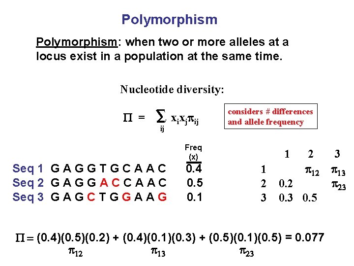 Polymorphism: when two or more alleles at a locus exist in a population at