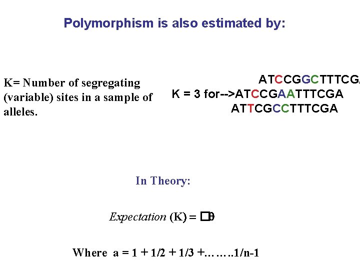 Polymorphism is also estimated by: K= Number of segregating (variable) sites in a sample