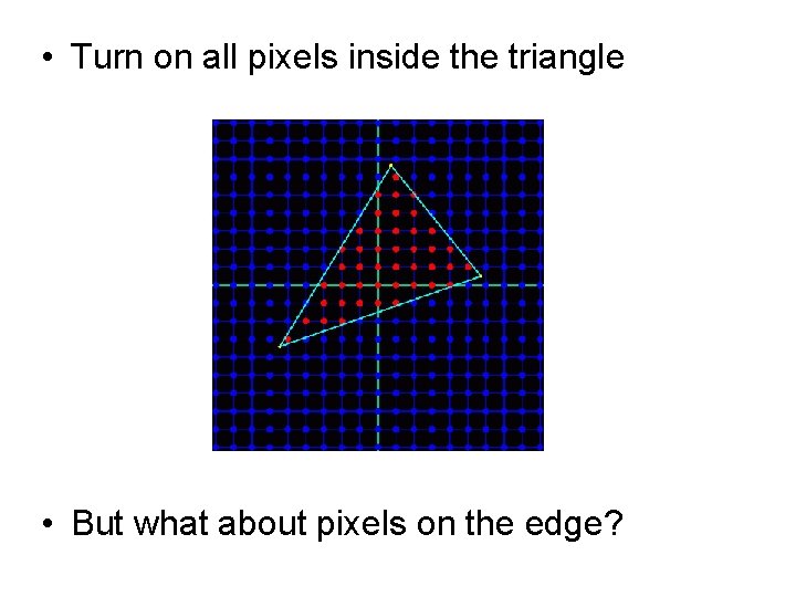 • Turn on all pixels inside the triangle • But what about pixels • Turn on all pixels inside the triangle • But what about pixels