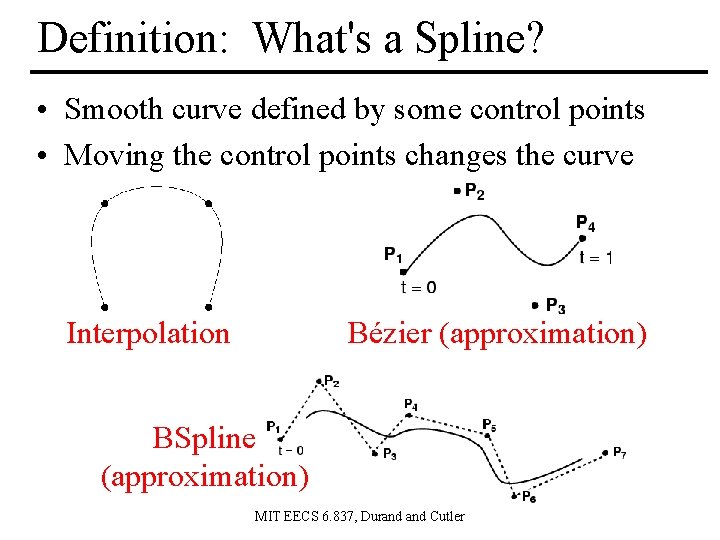 Definition: What's a Spline? • Smooth curve defined by some control points • Moving Definition: What's a Spline? • Smooth curve defined by some control points • Moving