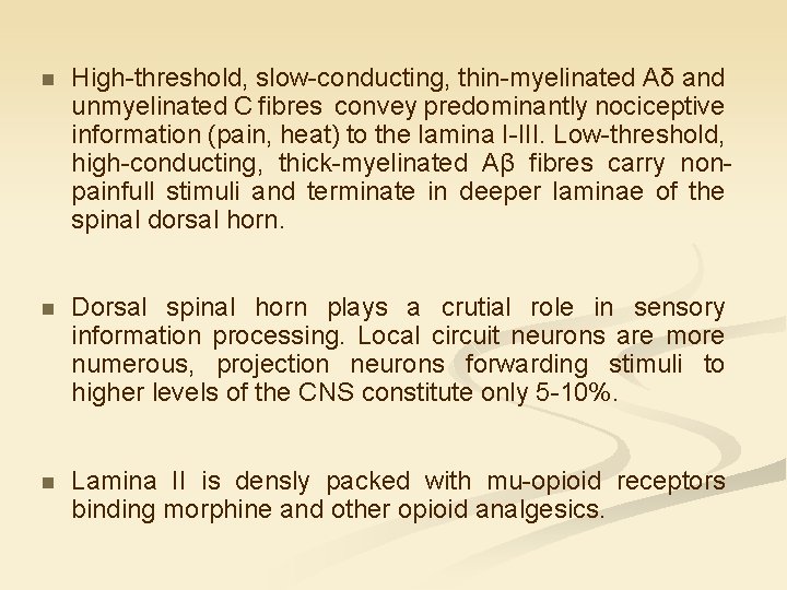 n High-threshold, slow-conducting, thin-myelinated Aδ and unmyelinated C fibres convey predominantly nociceptive information (pain,