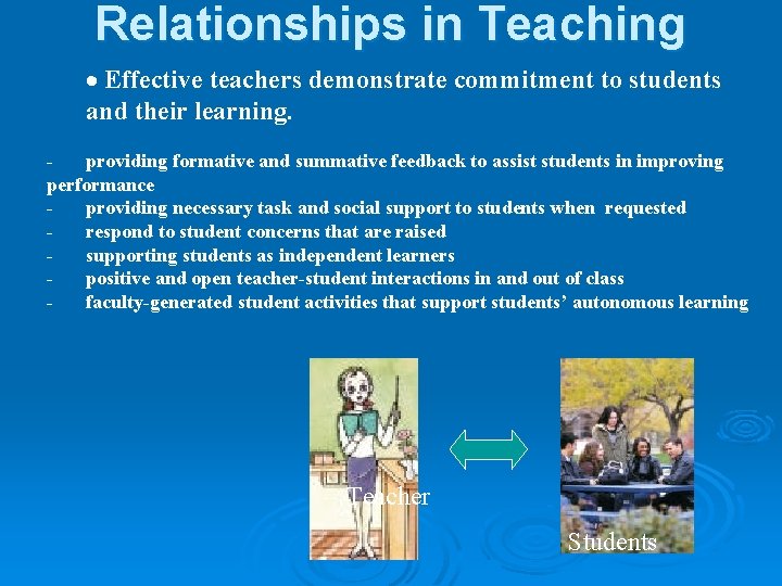 Relationships in Teaching Effective teachers demonstrate commitment to students and their learning. providing formative