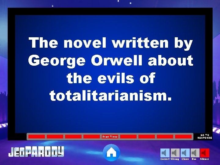 The novel written by George Orwell about the evils of totalitarianism. GO TO RESPONSE