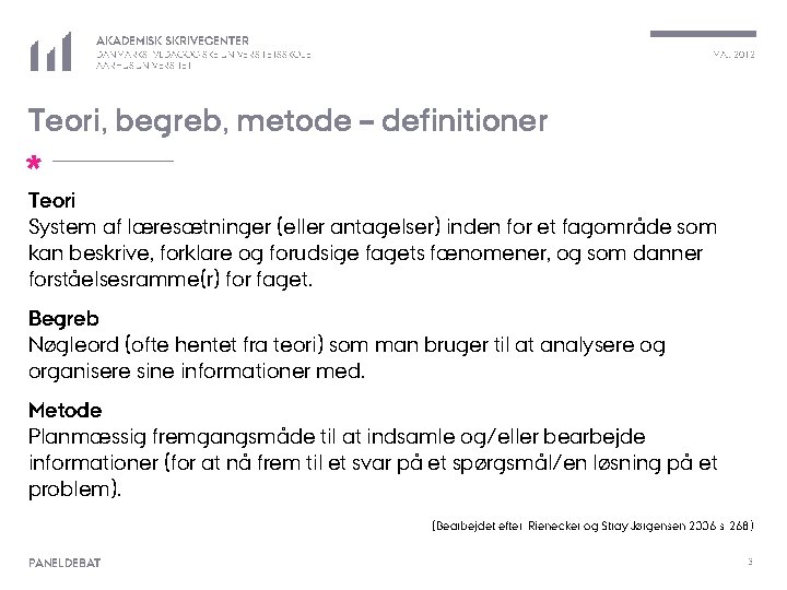 AKADEMISK SKRIVECENTER MAJ 2012 DANMARKS PÆDAGOGISKE UNIVERSITETSSKOLE AARHUS UNIVERSITET Teori, begreb, metode – definitioner