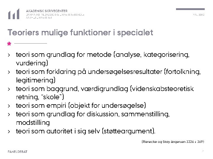 AKADEMISK SKRIVECENTER MAJ 2012 DANMARKS PÆDAGOGISKE UNIVERSITETSSKOLE AARHUS UNIVERSITET Teoriers mulige funktioner i specialet