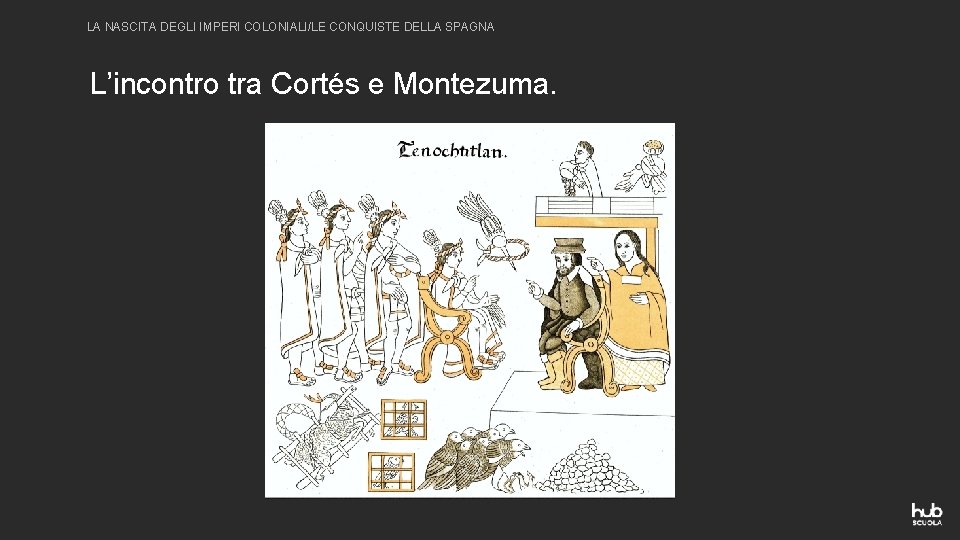 LA NASCITA DEGLI IMPERI COLONIALI/LE CONQUISTE DELLA SPAGNA L’incontro tra Cortés e Montezuma. 
