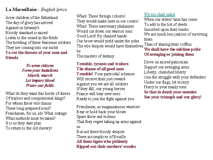 La Marseillaise - English lyrics Arise children of the fatherland The day of glory