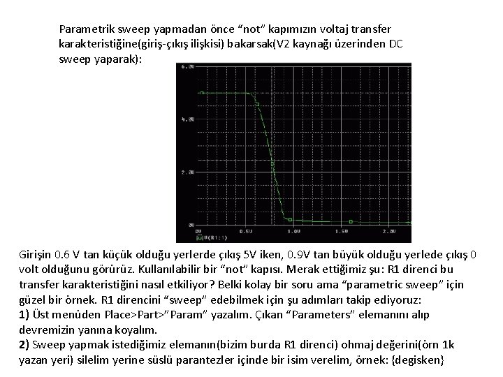 Parametrik sweep yapmadan önce “not” kapımızın voltaj transfer karakteristiğine(giriş-çıkış ilişkisi) bakarsak(V 2 kaynağı üzerinden
