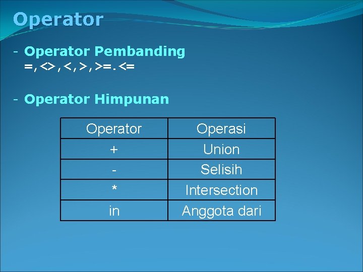 Operator - Operator Pembanding =, <>, <, >, >=. <= - Operator Himpunan Operator