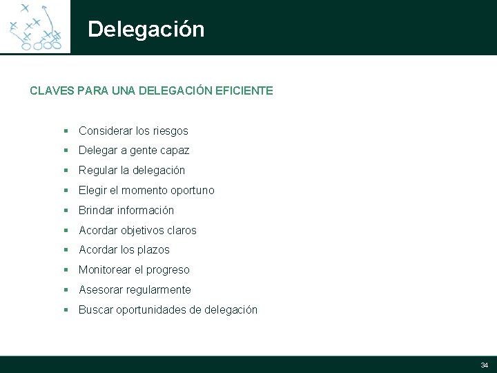 Delegación CLAVES PARA UNA DELEGACIÓN EFICIENTE § Considerar los riesgos § Delegar a gente Delegación CLAVES PARA UNA DELEGACIÓN EFICIENTE § Considerar los riesgos § Delegar a gente