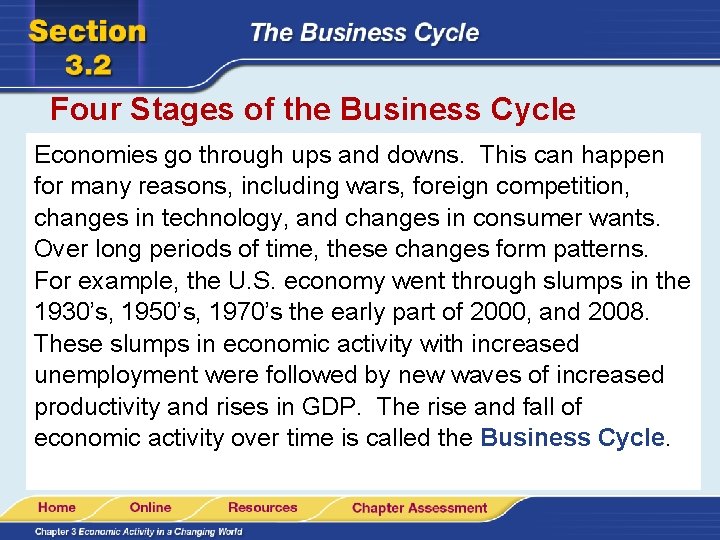 Four Stages of the Business Cycle Economies go through ups and downs. This can Four Stages of the Business Cycle Economies go through ups and downs. This can