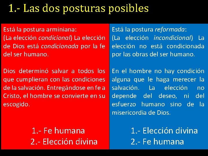 1. - Las dos posturas posibles Está la postura arminiana: (La elección condicional) La 1. - Las dos posturas posibles Está la postura arminiana: (La elección condicional) La