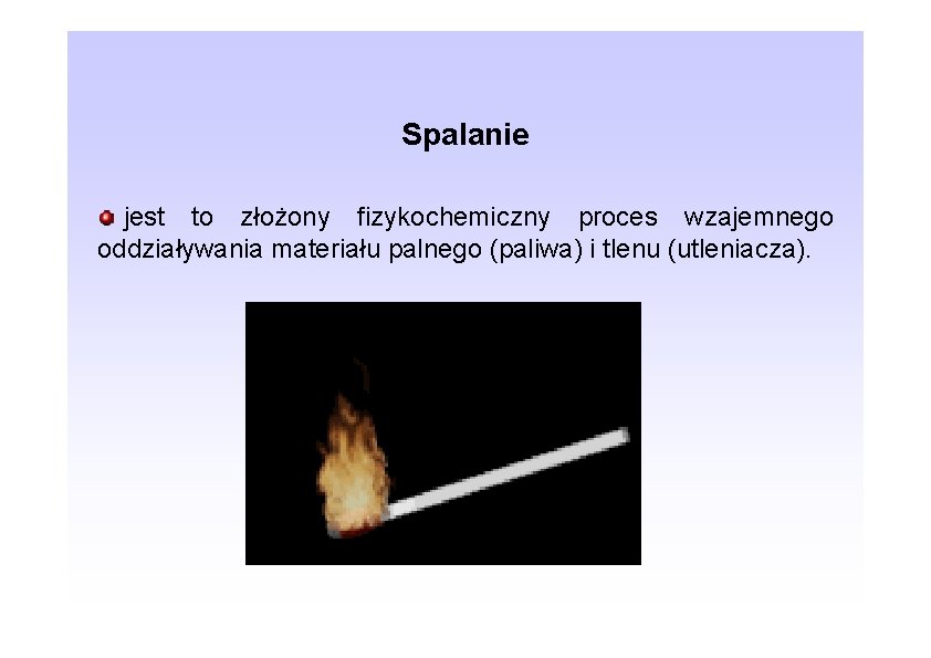 Spalanie jest to złożony fizykochemiczny proces wzajemnego oddziaływania materiału palnego (paliwa) i tlenu (utleniacza).