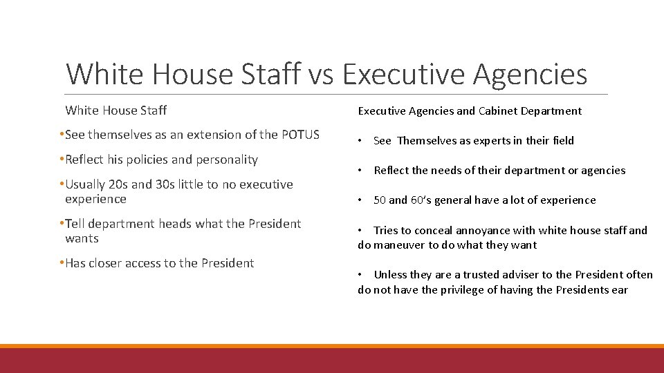 White House Staff vs Executive Agencies White House Staff • See themselves as an