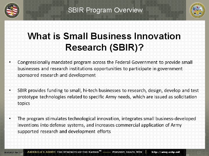 SBIR Program Overview What is Small Business Innovation Research (SBIR)? 201810517 Rev: 5. 0