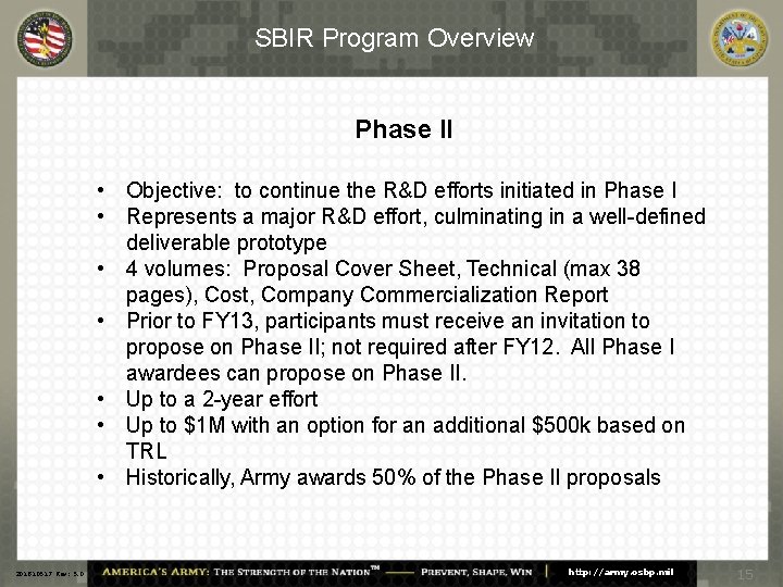 SBIR Program Overview Phase II • Objective: to continue the R&D efforts initiated in