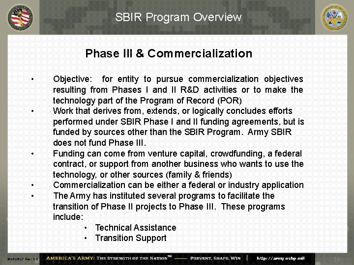 SBIR Program Overview Phase III & Commercialization • • • 201810517 Rev: 5. 0