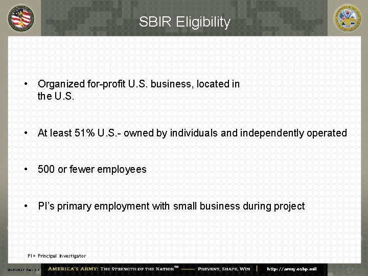 SBIR Eligibility • Organized for-profit U. S. business, located in the U. S. •