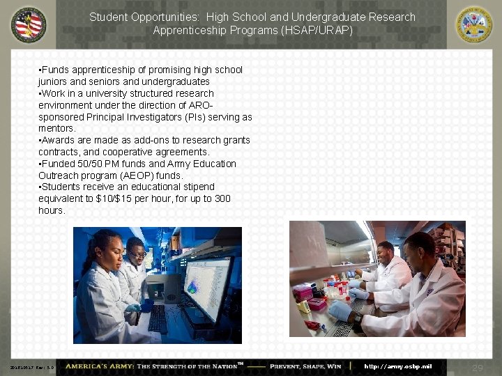 Student Opportunities: High School and Undergraduate Research Apprenticeship Programs (HSAP/URAP) • Funds apprenticeship of