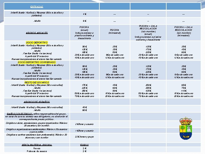 ENTRADAS PISCINAS CUBIERTAS . Infantil (hasta 16 años) y Mayores (60 o más años ENTRADAS PISCINAS CUBIERTAS . Infantil (hasta 16 años) y Mayores (60 o más años