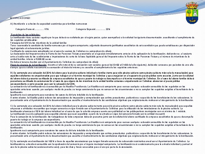 BONIFICACIONES: A) Atendiendo a criterios de capacidad económica para familias numerosas Categoría General. . BONIFICACIONES: A) Atendiendo a criterios de capacidad económica para familias numerosas Categoría General. .