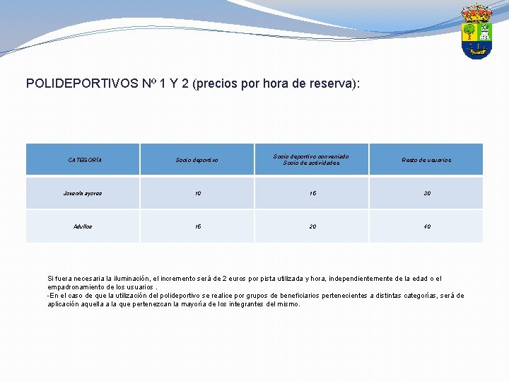 POLIDEPORTIVOS Nº 1 Y 2 (precios por hora de reserva): Socio deportivo conveniado Socio POLIDEPORTIVOS Nº 1 Y 2 (precios por hora de reserva): Socio deportivo conveniado Socio