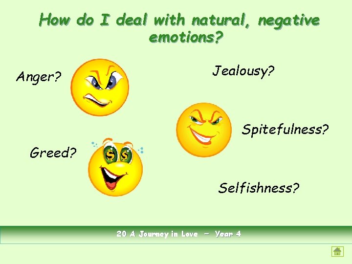 How do I deal with natural, negative emotions? Jealousy? Anger? Spitefulness? Greed? Selfishness? 20