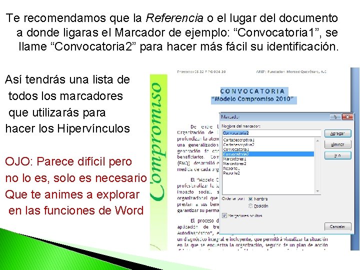 Te recomendamos que la Referencia o el lugar del documento a donde ligaras el