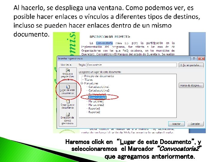 Haremos click en “Lugar de este Documento”, y seleccionaremos el Marcador “Convocatoria 2” que