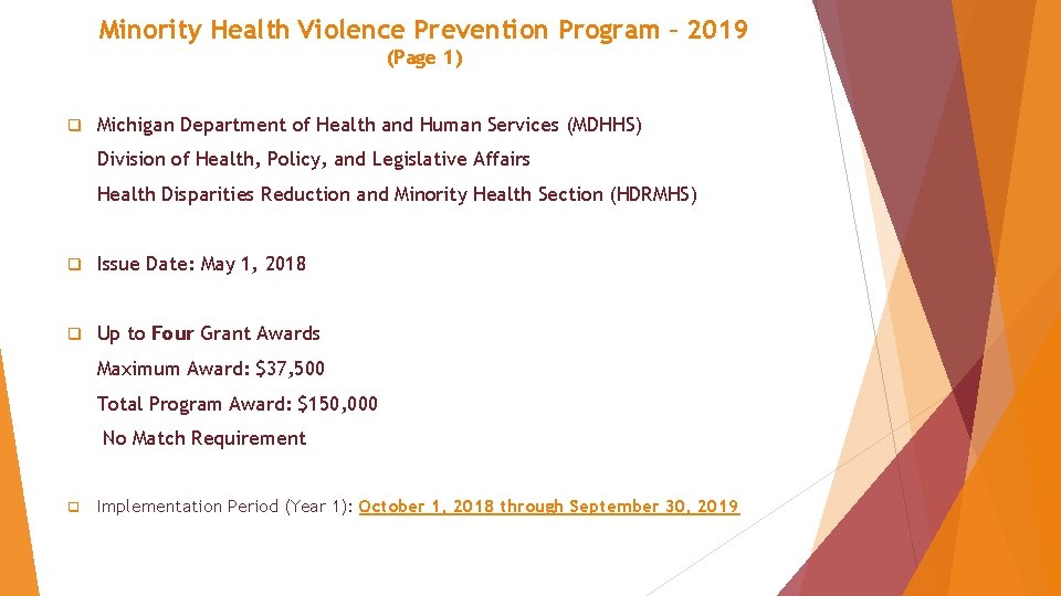 Minority Health Violence Prevention Program – 2019 (Page 1) q Michigan Department of Health
