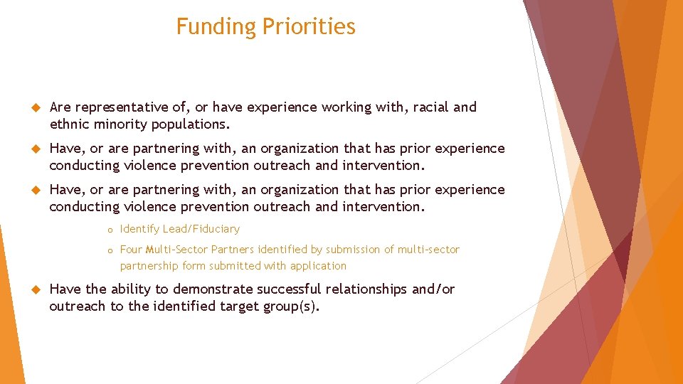 Funding Priorities Are representative of, or have experience working with, racial and ethnic minority