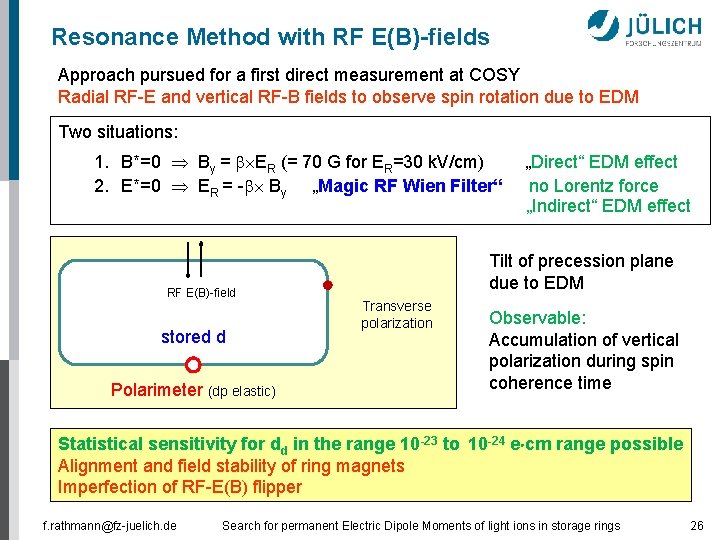 Resonance Method with RF E(B)-fields Approach pursued for a first direct measurement at COSY