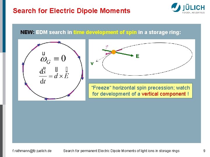 Search for Electric Dipole Moments NEW: EDM search in time development of spin in