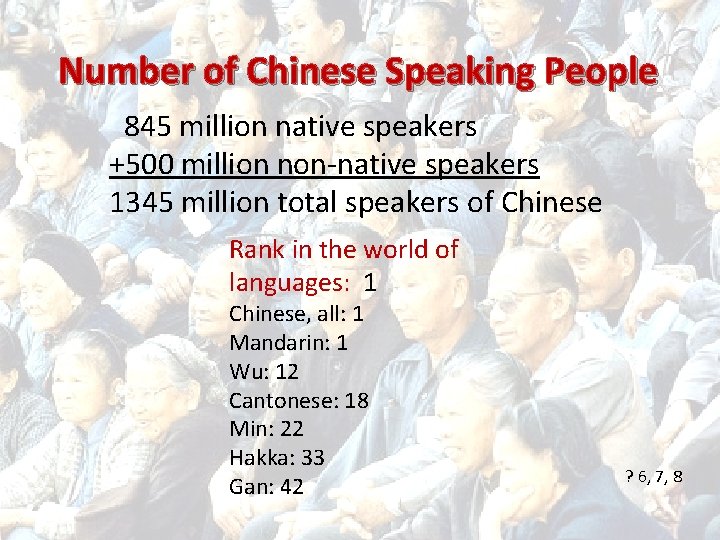 Number of Chinese Speaking People 845 million native speakers +500 million non-native speakers 1345