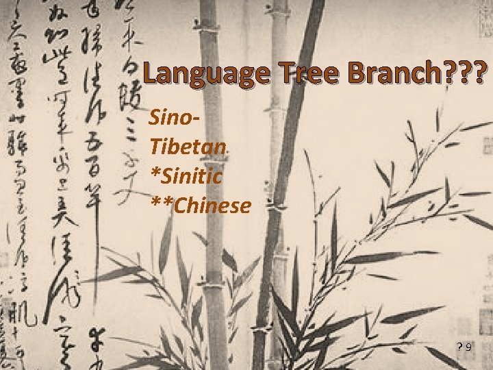 Language Tree Branch? ? ? Sino. Tibetan *Sinitic **Chinese ? 9 