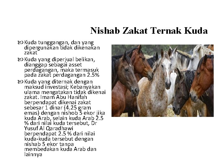 Nishab Zakat Ternak Kuda tunggangan, dan yang dipergunakan tidak dikenakan zakat Kuda yang diperjual