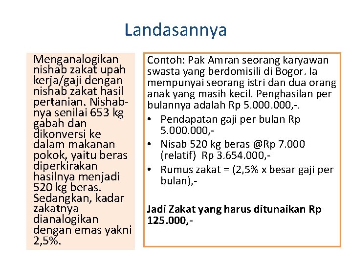 Landasannya Menganalogikan nishab zakat upah kerja/gaji dengan nishab zakat hasil pertanian. Nishabnya senilai 653