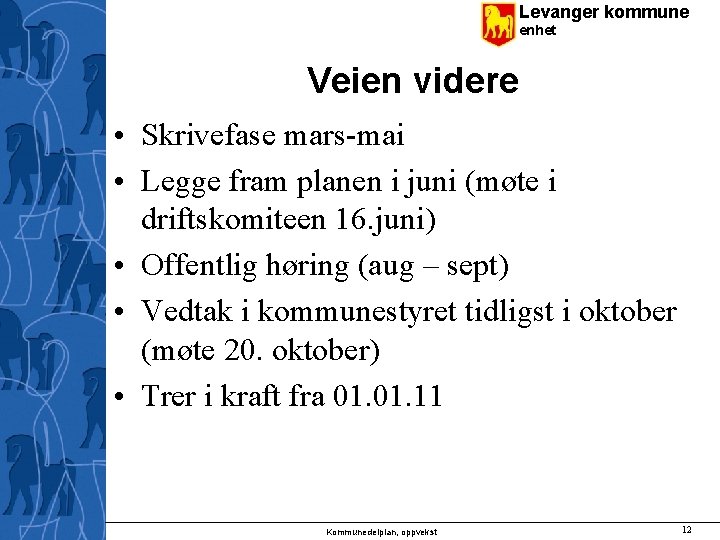 Levanger kommune enhet Veien videre • Skrivefase mars-mai • Legge fram planen i juni