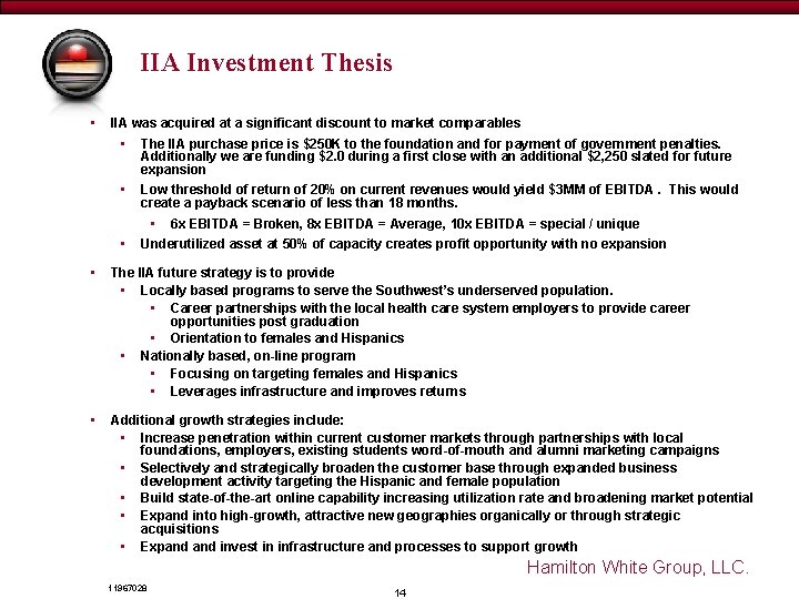 Draft - for discussion purposes only IIA Investment Thesis • IIA was acquired at Draft - for discussion purposes only IIA Investment Thesis • IIA was acquired at