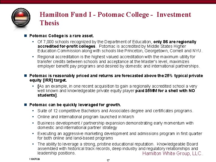 Draft - for discussion purposes only Hamilton Fund I - Potomac College - Investment